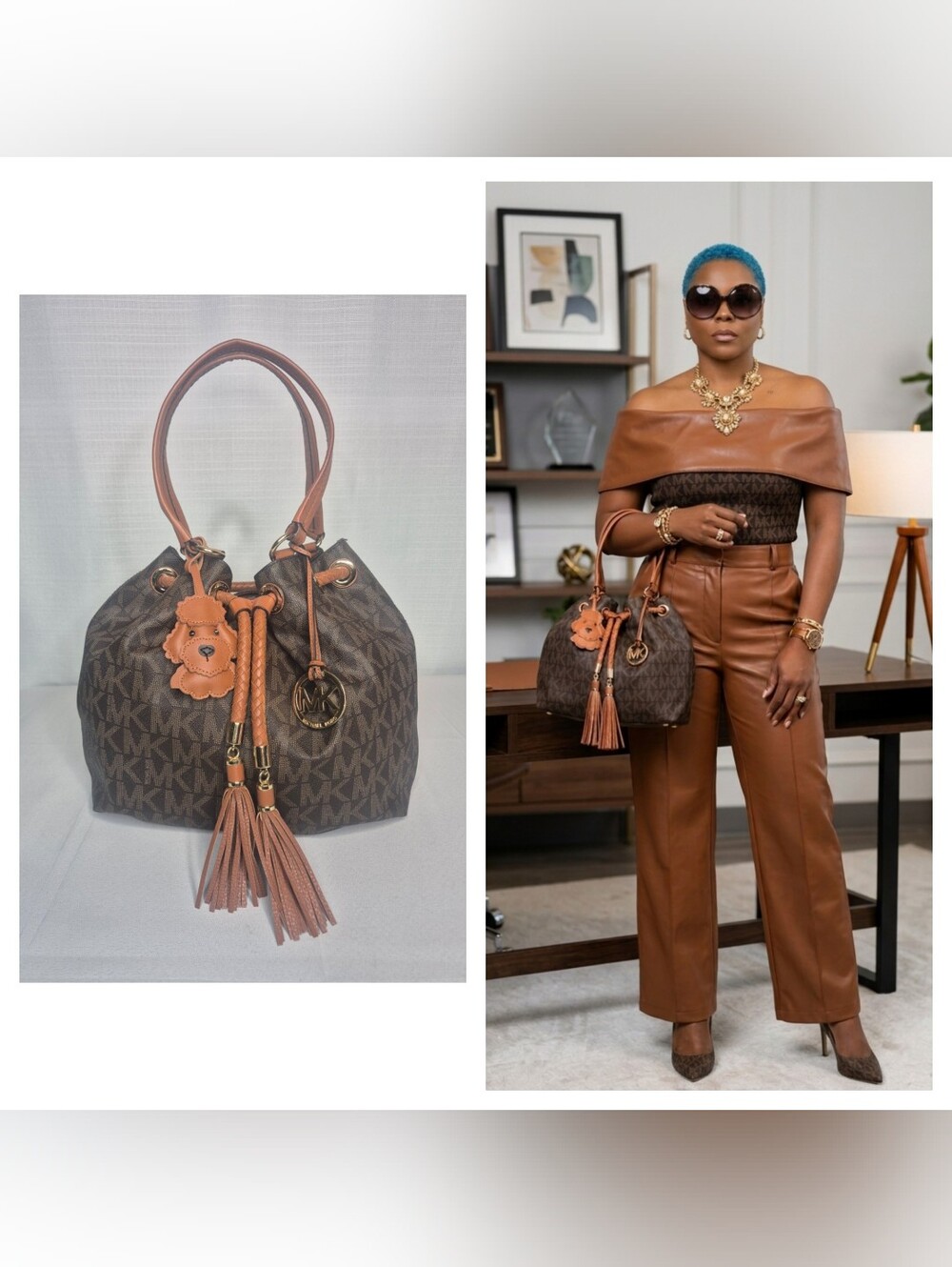 Michael Kors Brown Logo Drawstring Bucket Bag with Tan Leather Trim NWOT